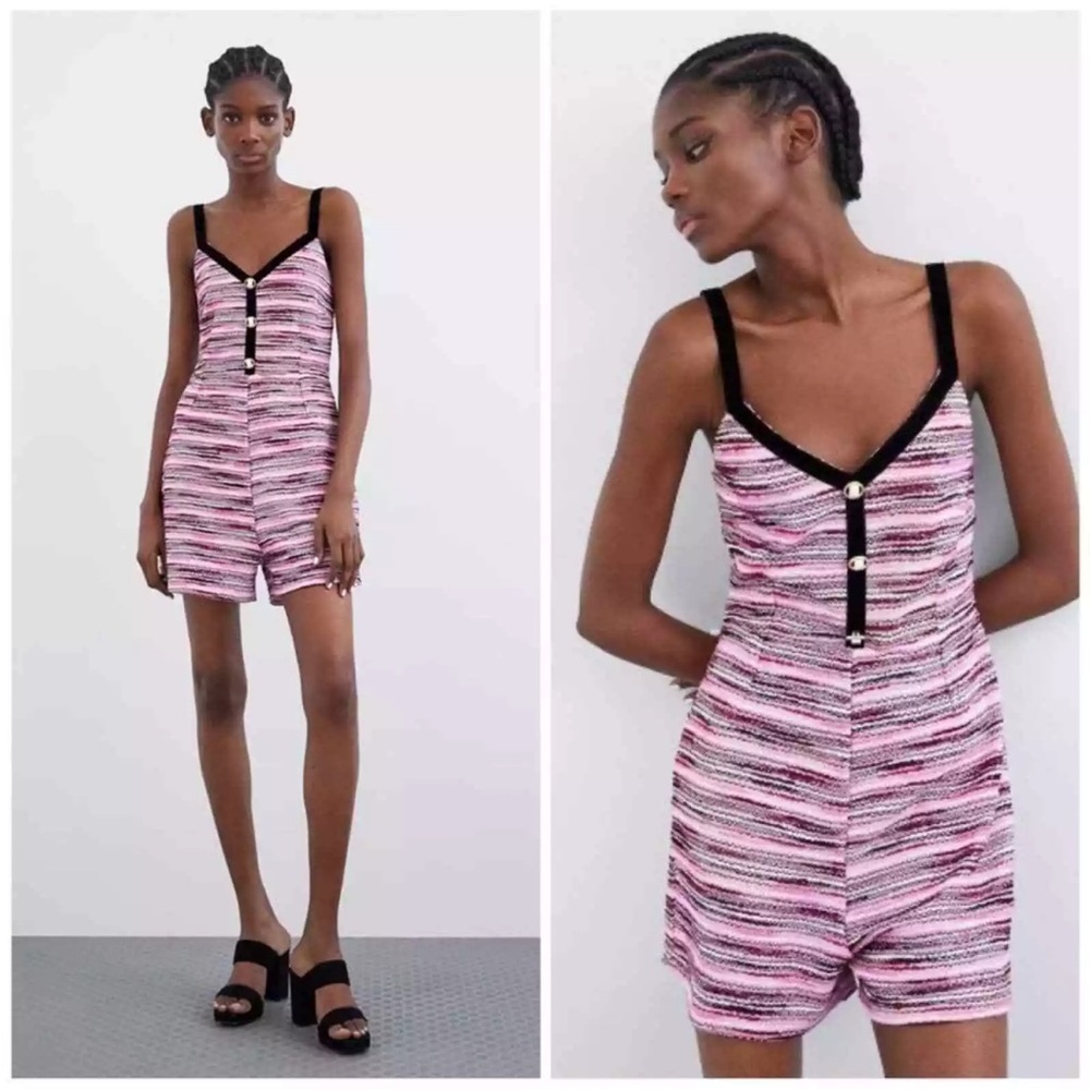 Zara Pink Tweed and Black Velvet Trim Romper Size S